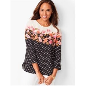 Talbots Floral Polka Dot Top Large 3/4 Sleeve Black Multicolor EUC